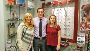 Optometry receptionist Anna Duni, optometrist Dr. Andrew Comly and optician Olivia Peikos at Comly Eye Care’s Wasaga Beach location.