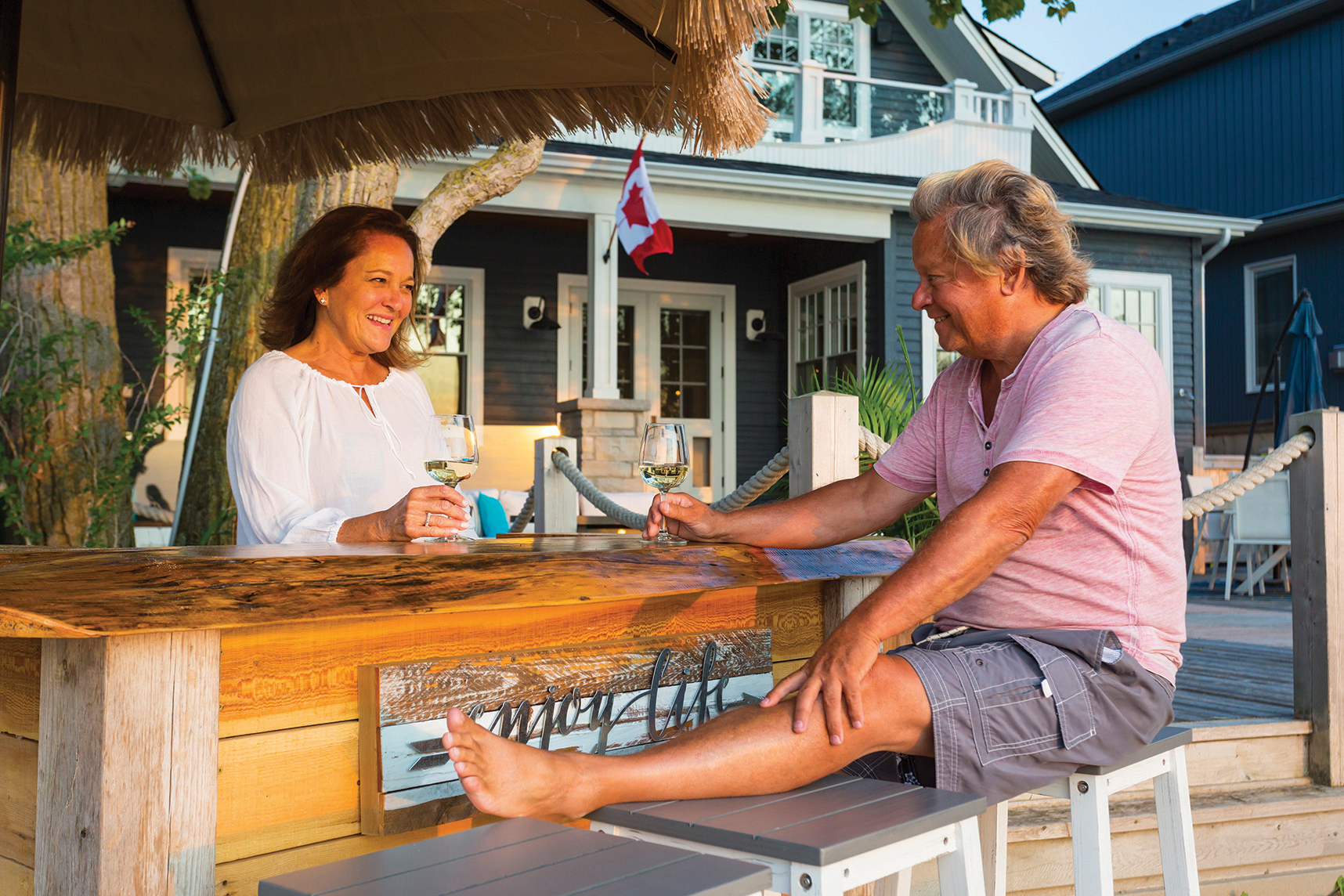 Homeowner Lisa Mantella and her partner, Marty Frampton, love to spend time in the multifunctional outdoor space, whether throwing a large party or enjoying a quiet evening for two watching the sunset over the water.
