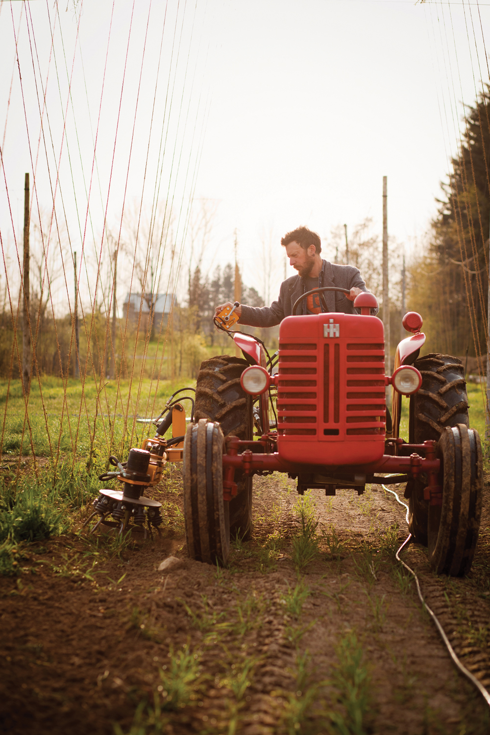 Nicholas Schaut, owner of Bighead Hops in Meaford, uses his “weed badger” to care for his crops. Schaut adopts a “gentleman farmer’s” uniform of tweed jacket and Wellington boots inspired by George Harrison.