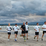 Members of the Georgian Triangle Running Club train on Wasaga Beach (l-r): Mark Bannerman, Cheryl Lloyd, Jim O’Donnell, Nick Brindinsi (in black), Corne VanVuuren, Tom Bridinski, Glen White.