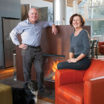 The homeowners, architects Peter Ortved and Maureen O’Shaughnessy, with Marley.