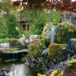 Moss-covered rocks and skillfully designed waterfalls look as if they’ve been there forever in this garden overlooking The Georgian Bay Club.