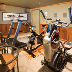 Doug Johnston shares a cinematic experience with his son in his media man cave, while exercise equipment stands ready.