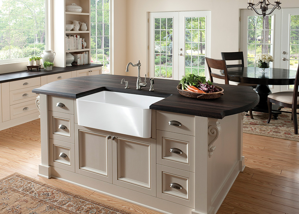 Apron sinks, like Blanco’s Fireclay Cerena version, are also known as farm sinks. Fireclay material withstands heavy use over time, resists scratching, staining and chipping, and won’t rust, fade or discolor. Apron sinks can also be made of china, cast iron or stainless steel.