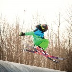 A young skier takes some air at Devil’s Glen’s terrain park.