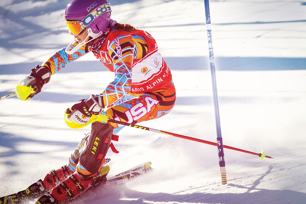 Area ski clubs are an incubator for ski racing talent, with racers starting as young as eight. Here, a 14-year-old racer shows perfect form as she rounds a gate in the U14 Division 1 Slalom, held at Devil’s Glen. Many of our clubs’ young skiers end up on national teams.