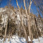 The majestic Metcalfe Rock looms above the Kolapore trails, offering snowshoers a panoramic view from the top.