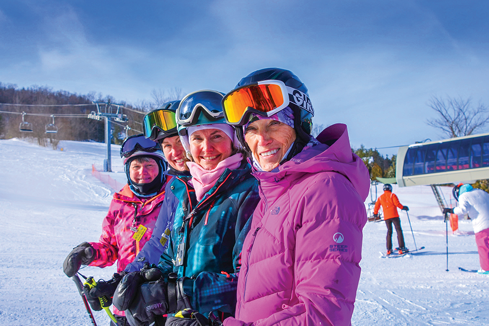 At right, Karen Redpath, Alicia Marshall, Kathy Thompson and Barb Bridgeman are ready for action at a Ski Bees midweek ski day at Osler Bluff Ski Club.