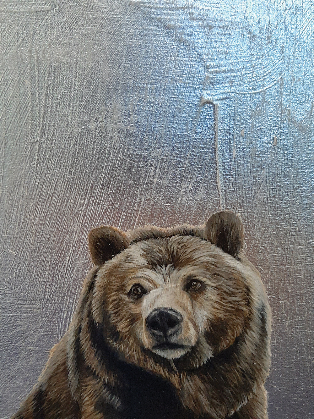 “Silver bear,” 8 x 8 inches, acrylic and silver leaf on wood.