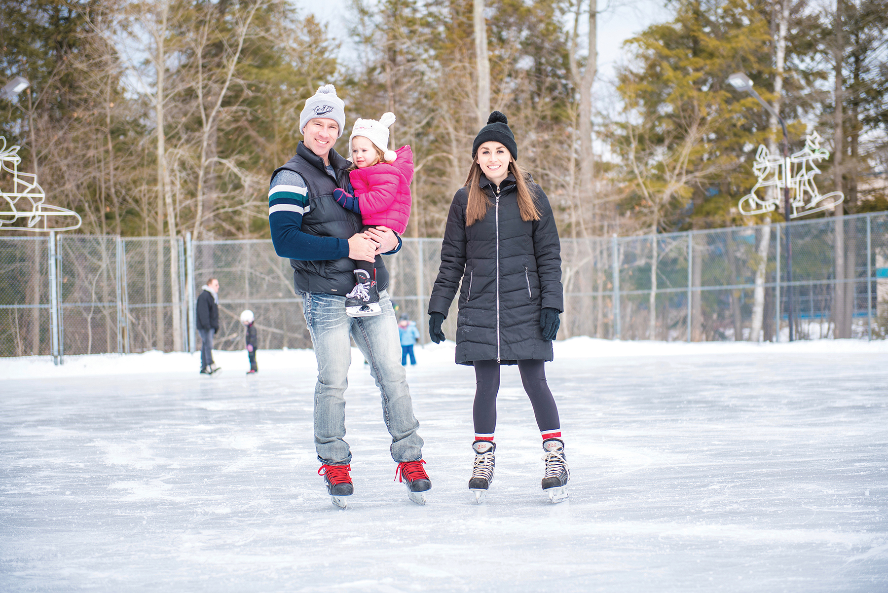 The Oakview Woods Outdoor Complex in Wasaga Beach offers outdoor skating in winter. Jonas and Hilary Deline introduce daughter Stella to the joys of skating.