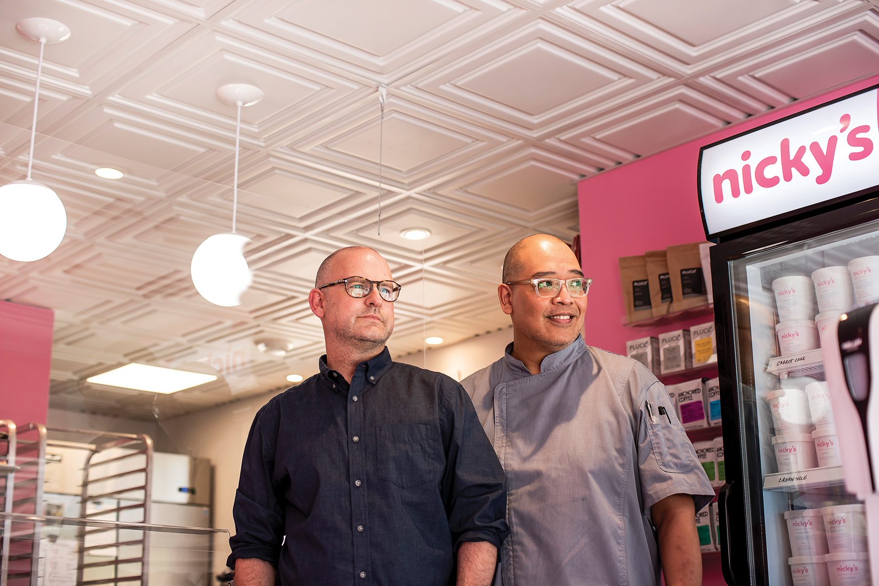 Sam Holwell (left) and Caesar Guinto shifted gears during the pandemic to open Nicky’s Doughnuts & Ice Cream in Collingwood, which quickly saw line-ups down the street.