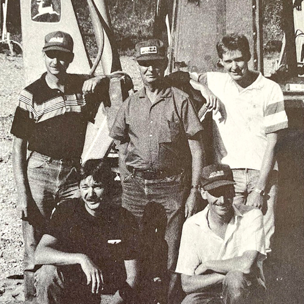 The Sheridan family has a long history at Blue Mountain within the lift and maintenance departments—since 1948. On staff in 1990 are, left to right, rear: Tom, Aubrey and Rick Sheridan. Left to right, front: John and Rob Sheridan.