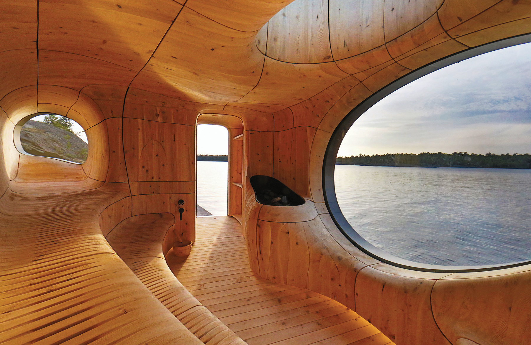 The health benefits of saunas are well-documented. And the aesthetics of the interior of this sauna on Georgian Bay just might help as well.
