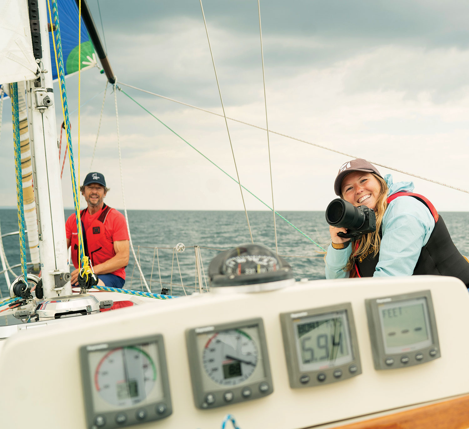 On The Bay contributing photographer Jenna Kitchings captured local “seasoned athletes” in action on the waters of Georgian Bay for our feature story, “Never Too Late,” page 94. Here is Kitchings with champion sailor Adrian van den Hoven out on his 33-foot Mirage, Ophir II.