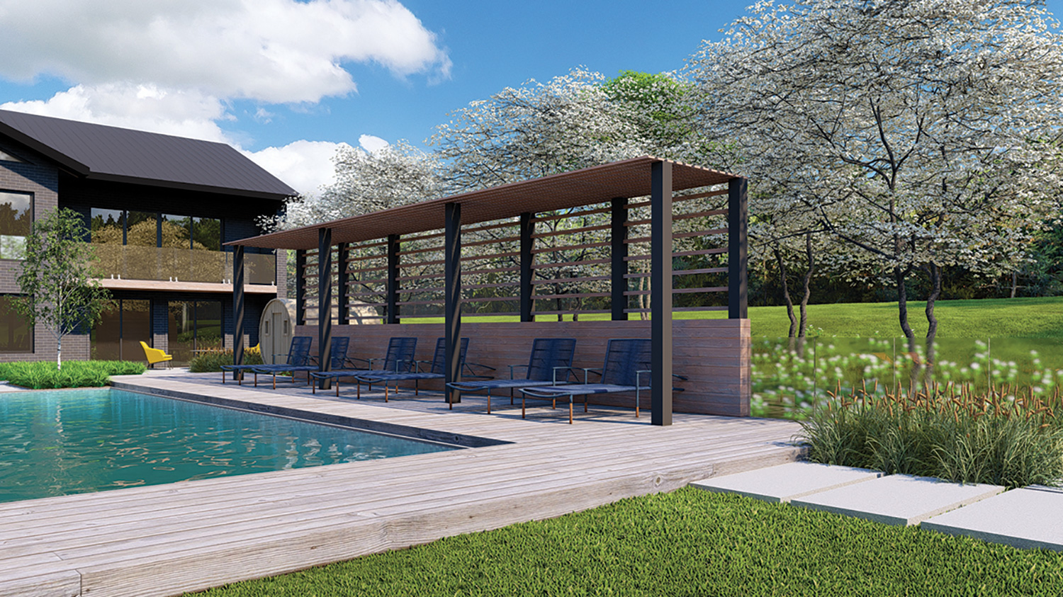 The clients requested a swimming pool, spa, sauna, shade solution, fire pit and lounge area. The renderings show different enclosures that meet municipal requirements, including a frameless glass railing