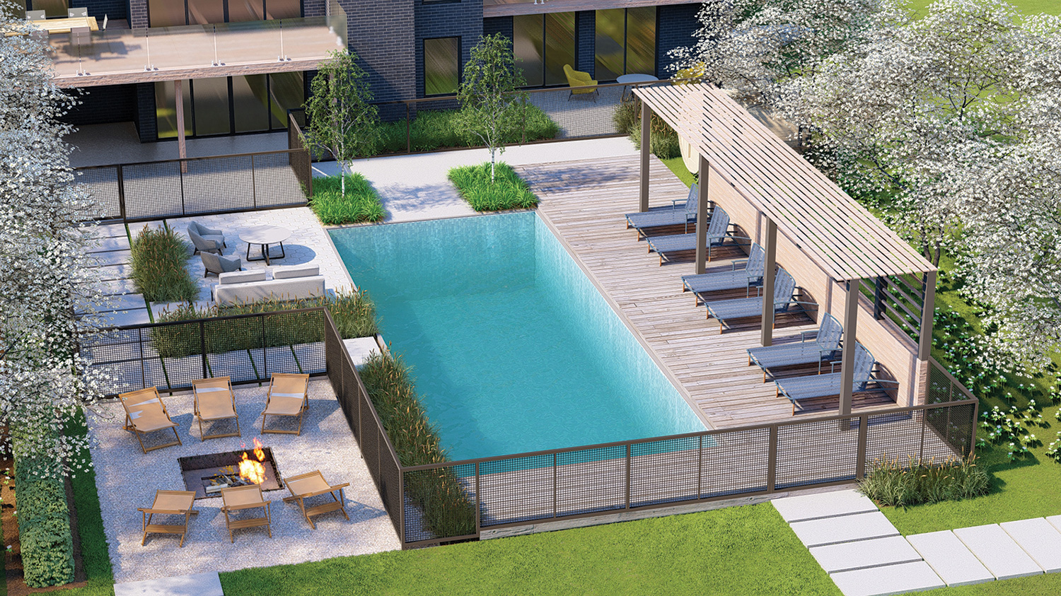 The clients requested a swimming pool, spa, sauna, shade solution, fire pit and lounge area. The renderings show different enclosures that meet municipal requirements, including a frameless glass railing