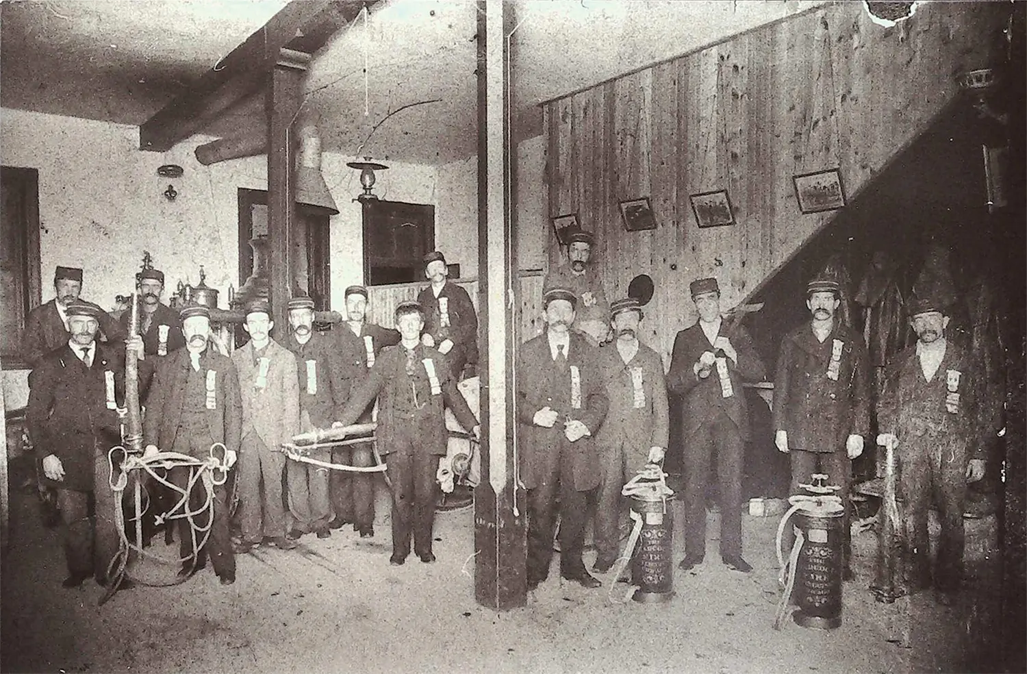 Meaford firefighters in the town’s firehall in 1896, when chief Dave Mitchell’s annual salary was $40 and a firefighters earned $25.