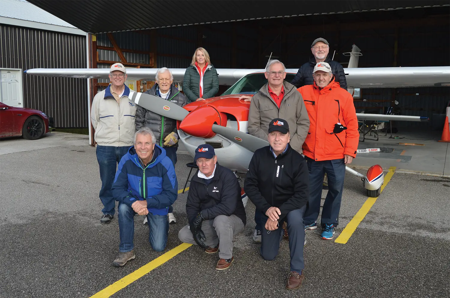 The Collingwood Flying Club circa 2021, clockwise from top left: David Marks, (late) George Daniels, Marsha Ramage, Gerrit Van Den Hurk, Robert Choquette, Jeff Parton, Peter Glen, Dave Garner and Neil Mellor. Past and current members not shown: Don Gallinger, Mike Ireland, George McCullagh, Mike Cossar, Mark Burton and Dale Fielke.