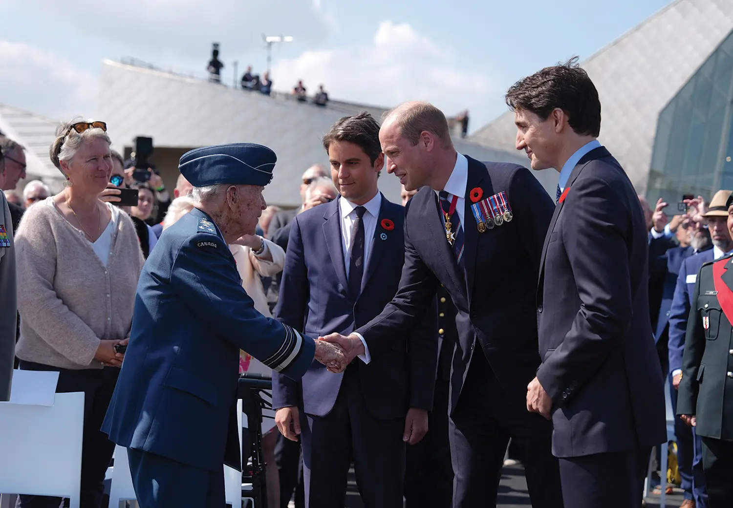 Maj.-Gen. Rohmer greeted by William, Prince of Wales, with the former prime minister of France, Gabriel Attal, and Prime Minister Justin Trudeau, at the D-Day 80th anniversary, France.