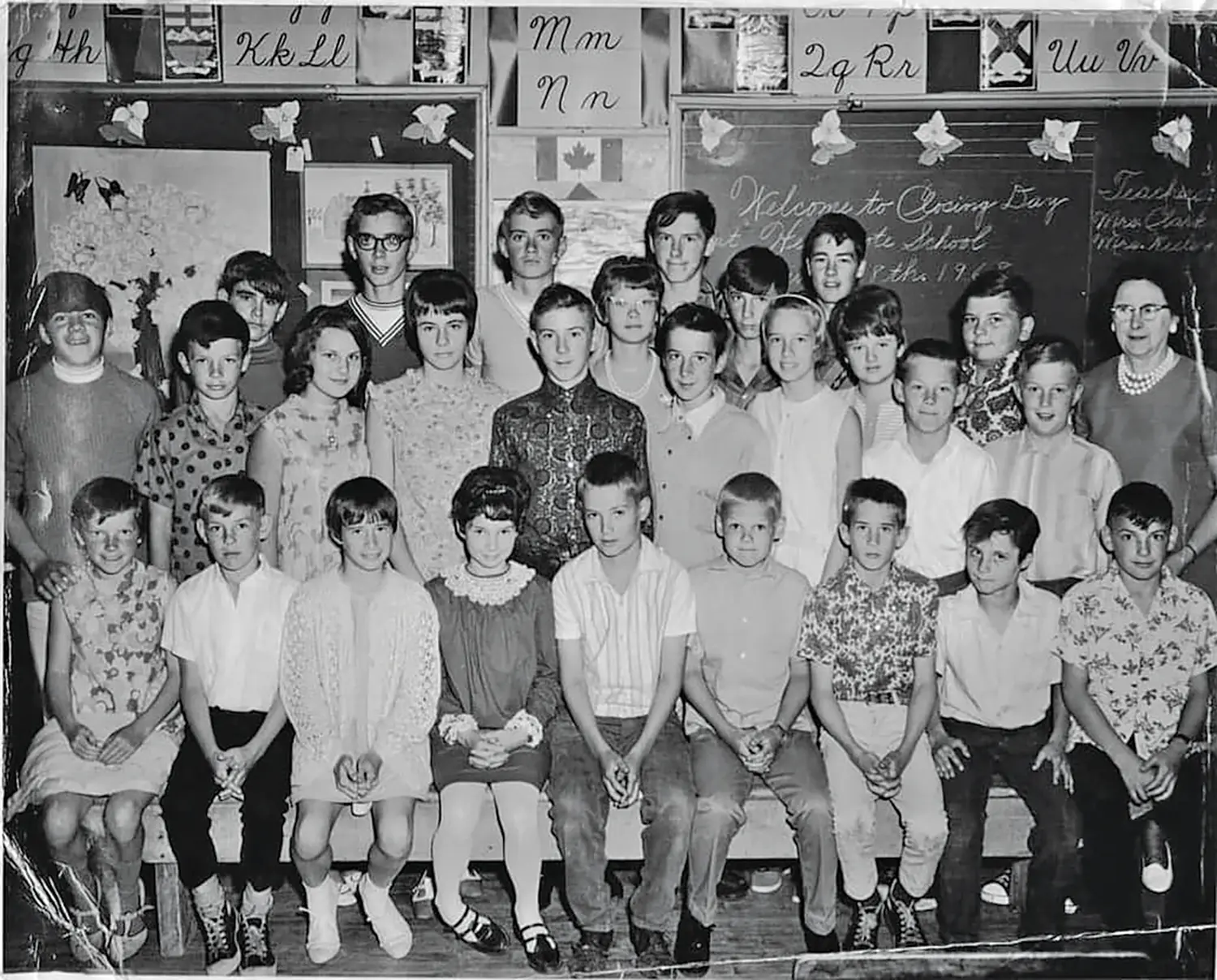 In 1968, as remembered by Facebook contributors, from back row, left: Brian Breadner, Chris Sealy Seabrook, James Knott, Wayne Knott, Allan Skippen, Ken Skippen, Doug Skippen, Cathy Woodhouse, Janet Woodhouse, Keith Dooks, Darlene Woodhouse, Barry Harvey, Robert Green, Elizabeth Ardiel, Debbie Murray, David Green, John Burgess, Rick Dawn, Mrs. Annie Teed, Elaine Skippen, Eric Reekie, Laurie Ardiel, Marlene Cooper, Bob Seeley, James Knott, Bradley McDonald, Shane Ardiel, Donald Harvey, Harvie Reekie.